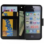 Wholesale iPhone 4S 4 Slim Flip Leather Wallet Case (Black - Black)